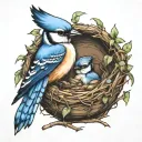 bluejay in a nest with a baby bluejay  tattoo design idea