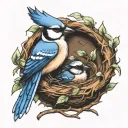 bluejay in a nest with a baby bluejay  tattoo design idea