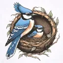 bluejay in a nest with a baby bluejay  tattoo design idea