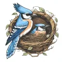 bluejay in a nest with a baby bluejay  tattoo design idea