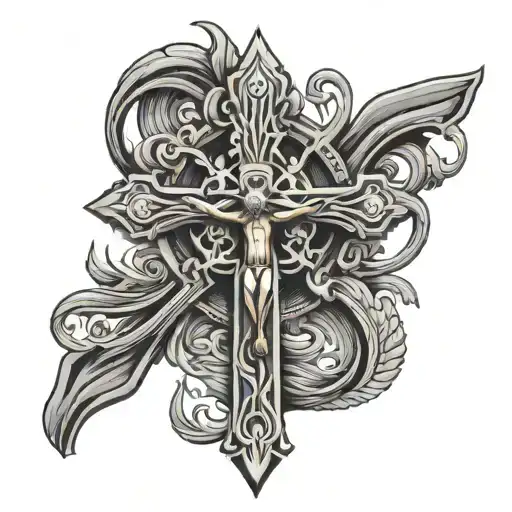 crucifix wooden cross with antlers and fish hook tattoo design idea