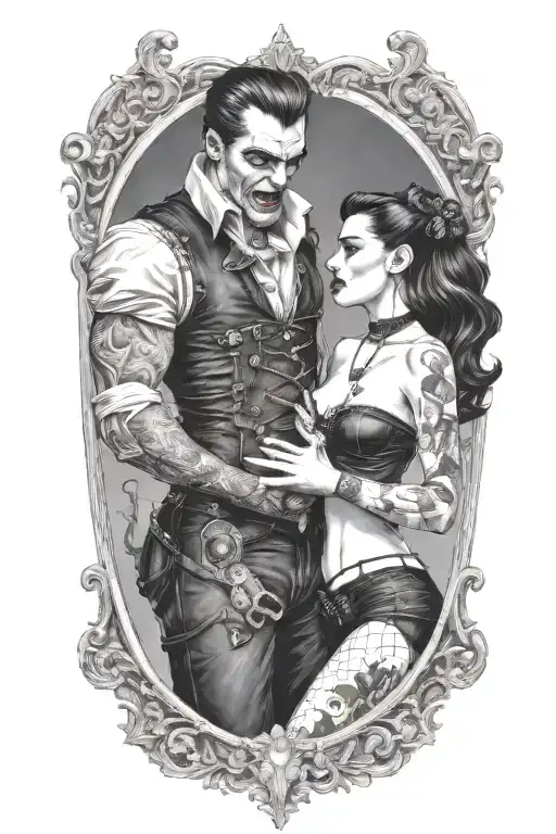 realistic scene of a gothic pinup girl waering corset and fishnets being bitten by a scary male vampire tattoo design idea