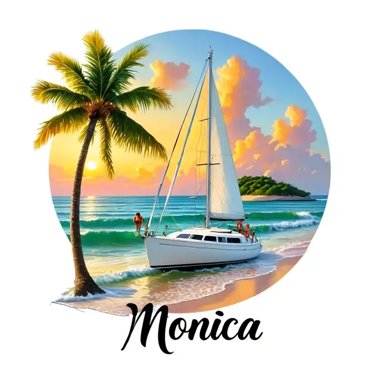 "Monica" "Monica" "Monica" "Monica" "Monica" white catamaran sailing, sunrise, small island palm, ocean beach outside of circle at bottom tattoo design idea