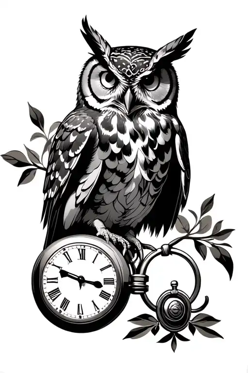 Steampunk Great Horned Owl perched on a pocket watch. tattoo design idea