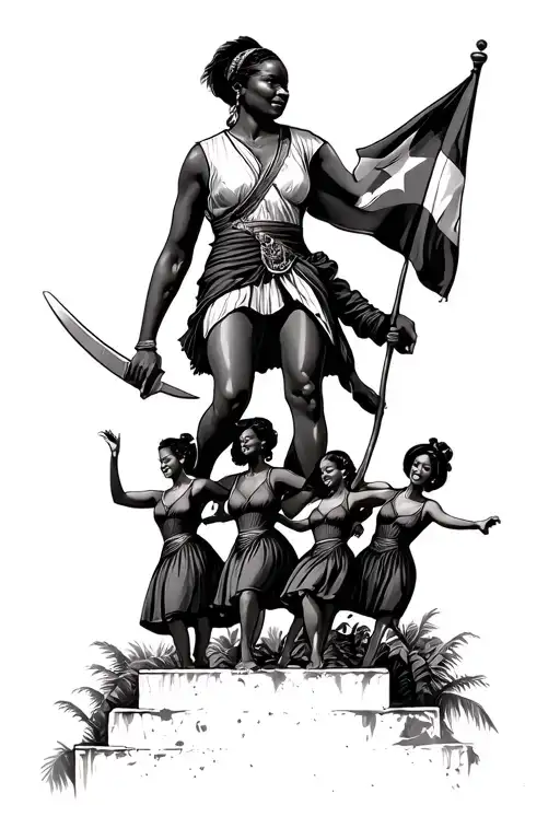 Haiti general holding Haitian flag and machete standing on top of a ledge with Haitian women in dresses dancing  tattoo design idea