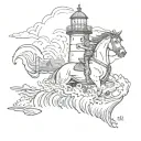 A fierce warrior with a lighthouse tattoo on their back, overlooking a turbulent sea with a fiery horse with wings in the background tattoo design idea