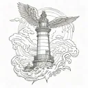 A fierce warrior with a lighthouse tattoo on their back, overlooking a turbulent sea with a fiery horse with wings in the background tattoo design idea