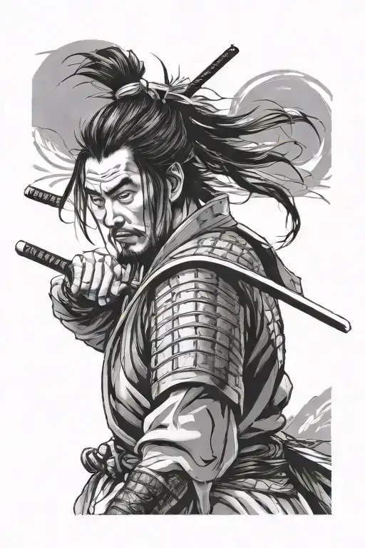 samurai warrior Miyamoto Musashi in Japanese style tattoo design idea