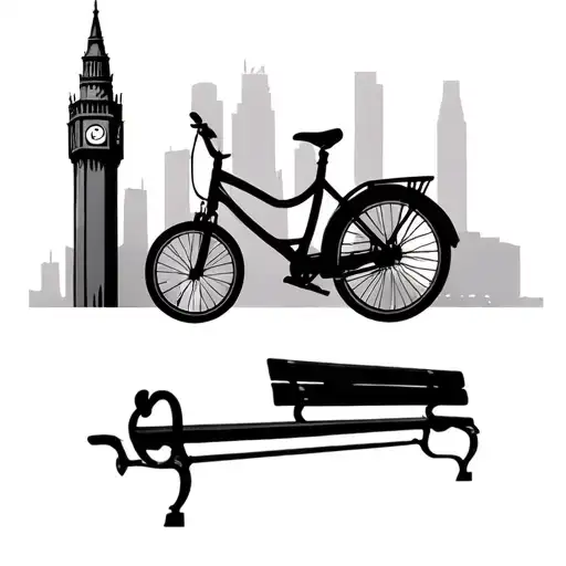 A clocl tower, a city bike and a park bench in black and white tattoo design idea