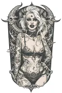 Sexy Pale Girl, petite, big boobs, wide hips, G-String. Messy hair, demonic horns, sexual. Seductive smile. Full Body tattoo design idea