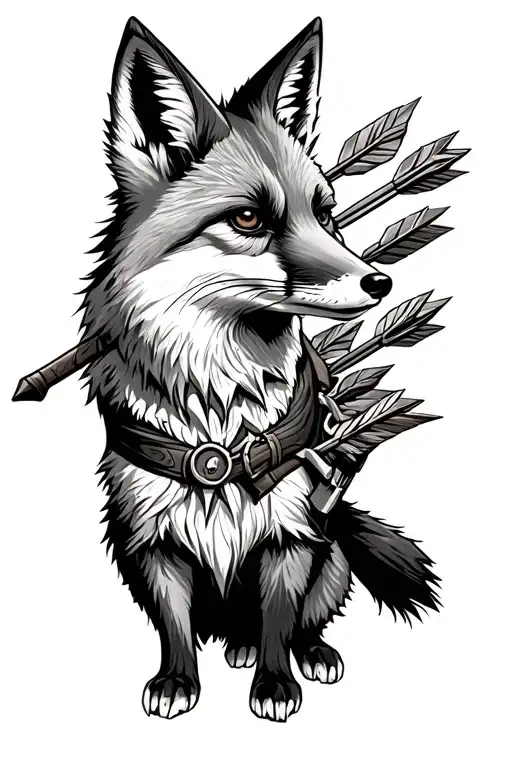 Robin Hood themes that incorporates a somewhat realistic looking full body fox with nuanced shading and bundled arrows tattoo design idea