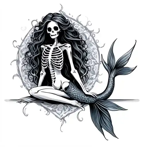 skeleton mermaid sitting tattoo design idea