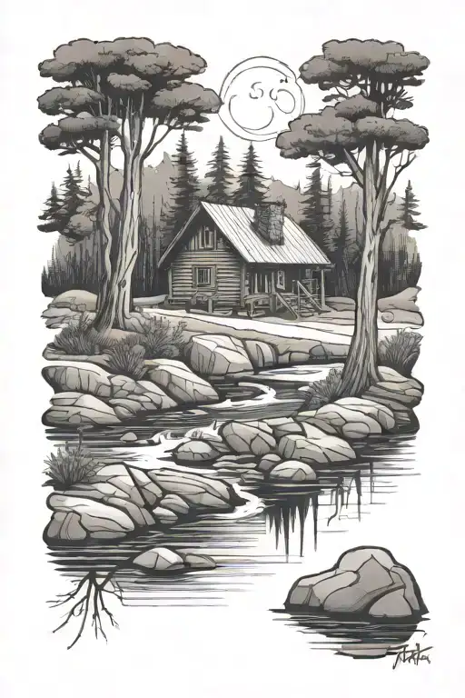 cabin in the woods by a river tattoo design idea
