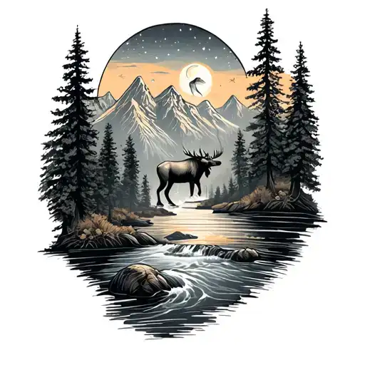 full sleeve, forest with moose in it, river with bass jumping out with mountains in the back and moon and stars tattoo design idea