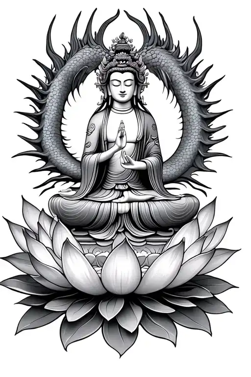 Guanyin bodhisattva standing on a lotus flower blooming with a dragron tattoo design idea