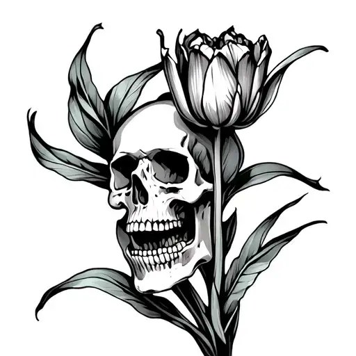 gothic tulip and skull tattoo covering back of hand, dark realism, fine line bone detailing, tulip blooming from skull  tattoo design idea