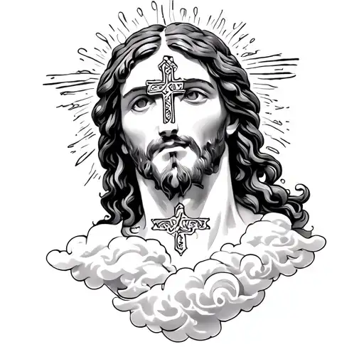 blessed writing on neck with jesus cross surrounded by a cloude tattoo design idea
