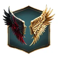 Two wings attached to the spinal bones. The left wing is dark, black with shades of red. The right wing is light, gold.  tattoo design idea