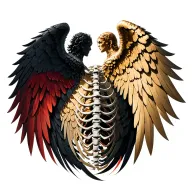 Two wings attached to the spinal bones. The left wing is dark, black with shades of red. The right wing is light, gold.  tattoo design idea