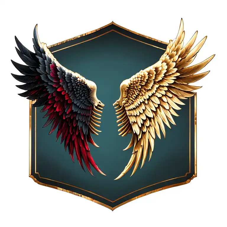 Two wings attached to the spinal bones. The left wing is dark, black with shades of red. The right wing is light, gold.  tattoo design idea