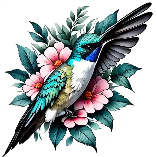 bright coloured humming bird incorporating flowers to go from shoulder blade obverse into chest on a woman tattoo design idea