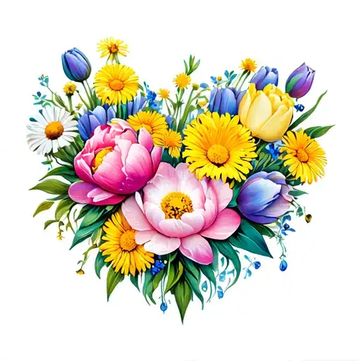 Contour a heart with peonies, dandelions, tulips, daisies tattoo design idea