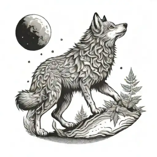 A dotwork tattoo of a wolf howling at the moon, with cannabis leaves subtly incorporated in the design to represent your favorite things tattoo design idea