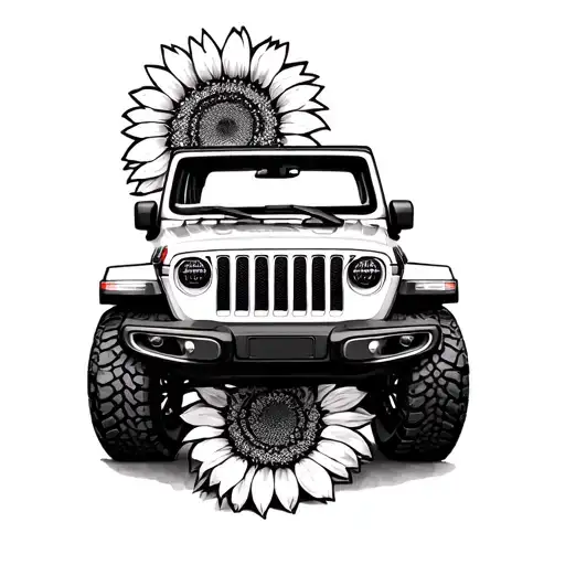 A Jeep Wrangler with sunflower wheels tattoo design idea