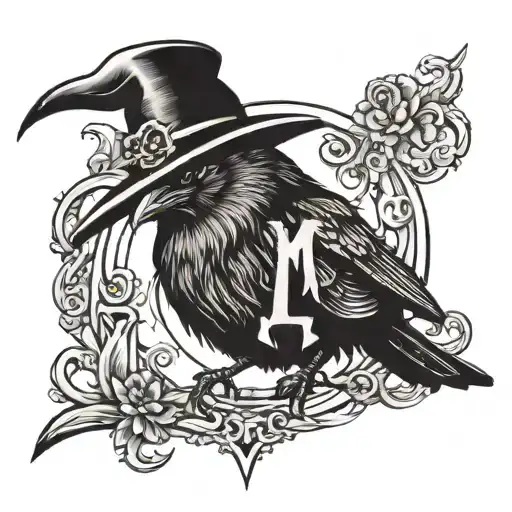 letter M and crow and witch hat surrounded tattoo design idea