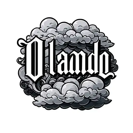 the word Orlando in old english lettering and clouds surrounding it  tattoo design idea