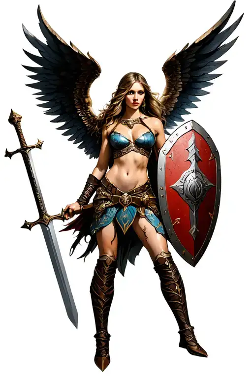 Valkyrie with wings and sword and shield tattoo design idea