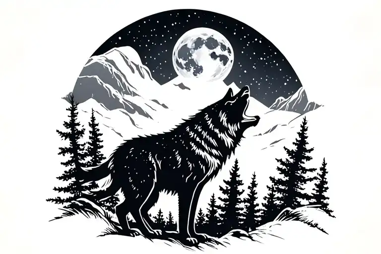 wolf howling at moon negative space inside forest silhouette tattoo design idea