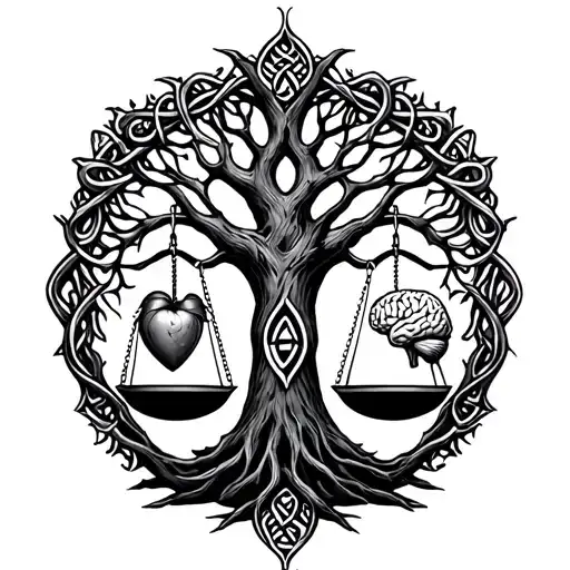 a celtic tree of life with a set of scales in front of and seperate with a heart on one scale and a brain on the other  tattoo design idea