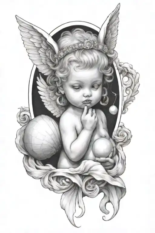 A baby angel with two horns above her head ,holding a diamond a shell which has a pearl in it  tattoo design idea