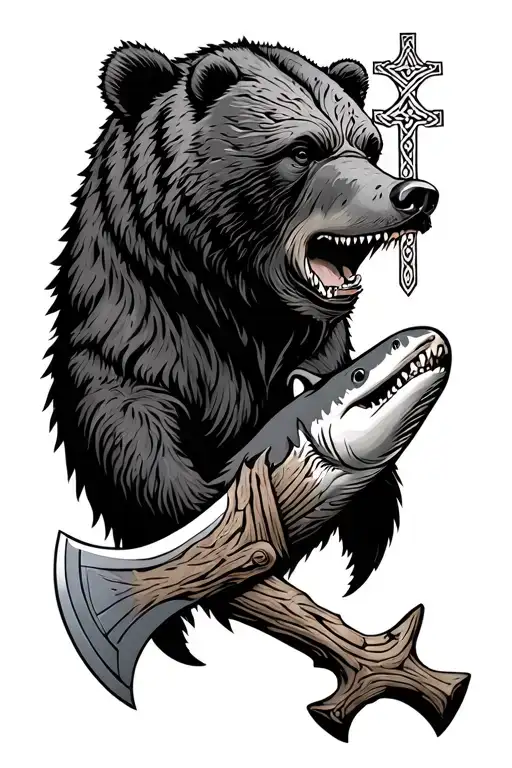 bear, Celtic cross, hammerhead shark, axe and oak tree intertwined tattoo design idea