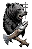 bear, Celtic cross, hammerhead shark, axe and oak tree intertwined tattoo design idea