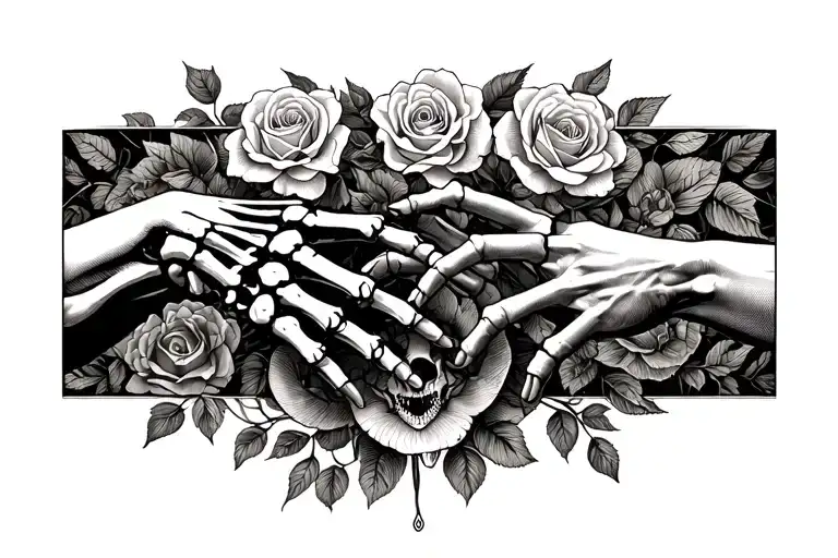 creation of adam hands touching fingers, memento mori text, one hand skeleton, the other human, add roses if you can tattoo design idea