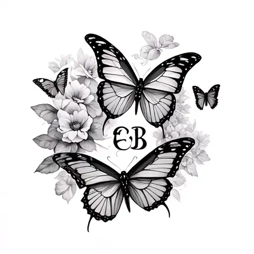 butterflies and EB initials in calligraphy  tattoo design idea