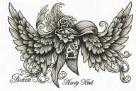 paw print with angel wings and birth date, death date, and name tattoo design idea