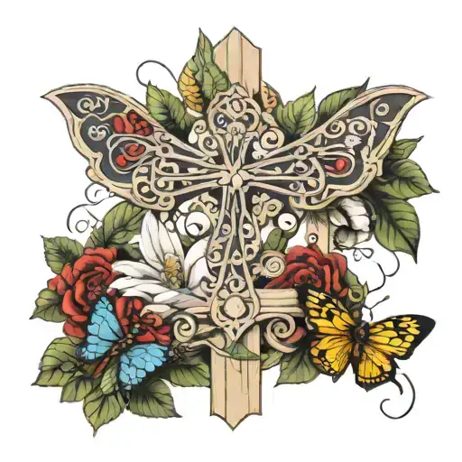 christian wooden  cross wirh butterfly, dragonfly and ladybug around it tattoo design idea