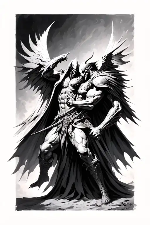 Tyrael and Diablo fighting each other tattoo design idea