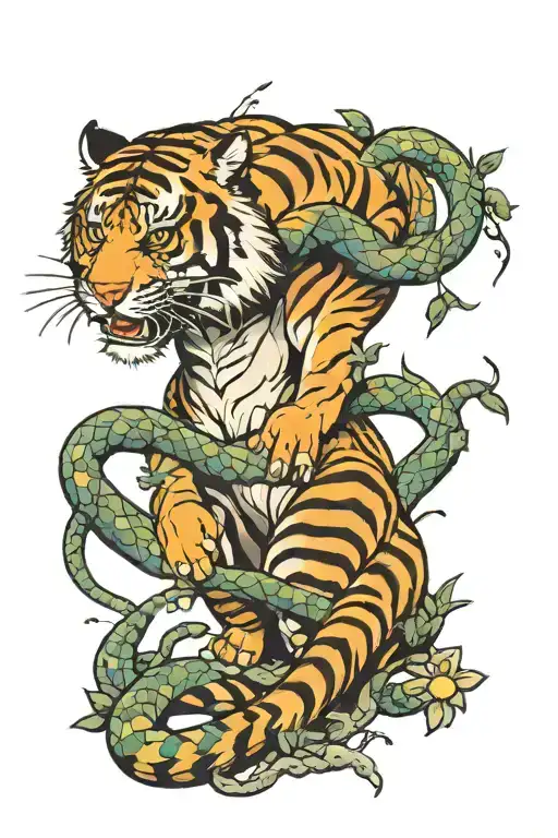 jiu jitsu inspired tattoo featuring tiger and  snake grappling tattoo design idea