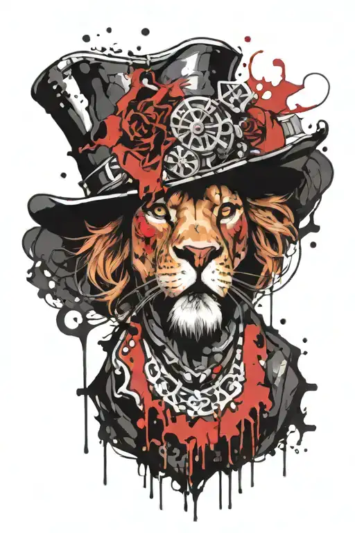 anthropomorphic necromancer lion in a jester's hat tattoo design idea