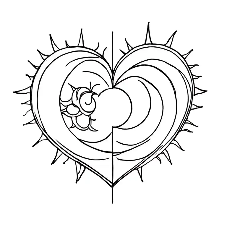 fine line heart symbol incorporating a sun and moon tattoo design idea