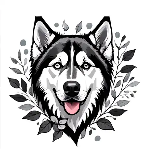 Husky dog head with leaves underneath tattoo design idea