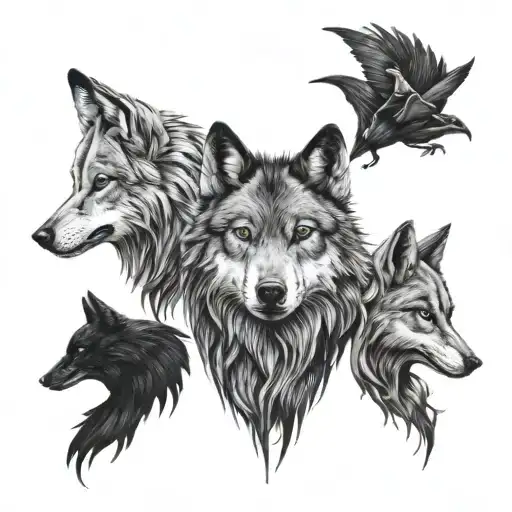 small tattoos for trio, one wolf, one fox, one crow tattoo design idea
