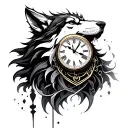 asimetric, clock, wolf howling tattoo design idea