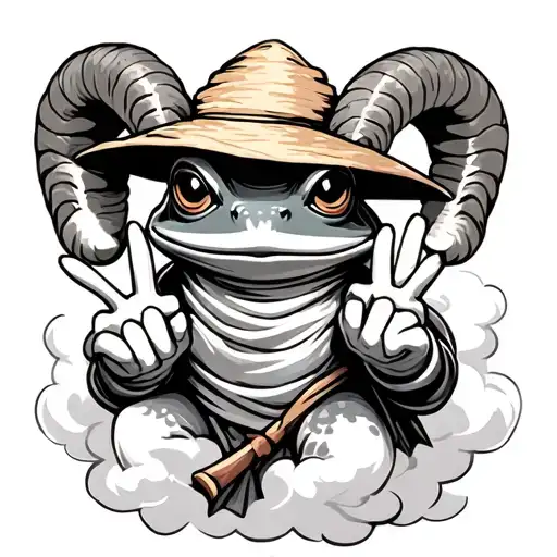 ninja toad in straw hat doing a japanese ram hand sign surrounded by puff of smoak tattoo design idea