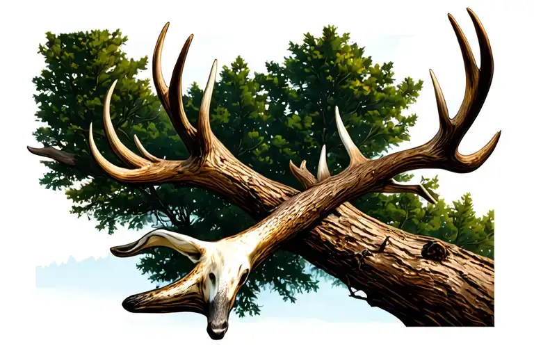 a tree branch and a single deer antler crossed inter connected at the Bolton so that words can be put on top  tattoo design idea