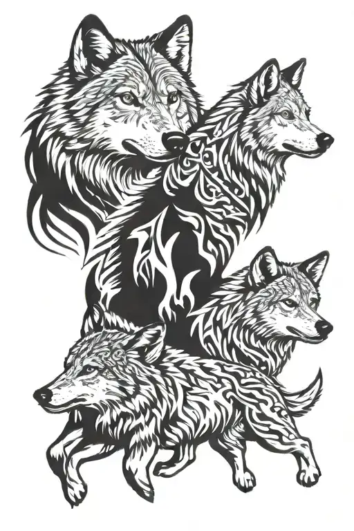 Pack of wolf with 2 baby wolf howling tattoo design idea